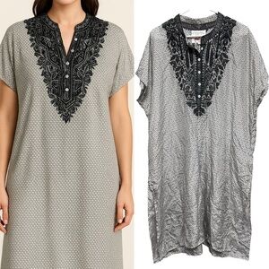 Johnny Was Biya Gray Blue 100% Silk Embroidered Kaftan Tunic Oversized Sz Small